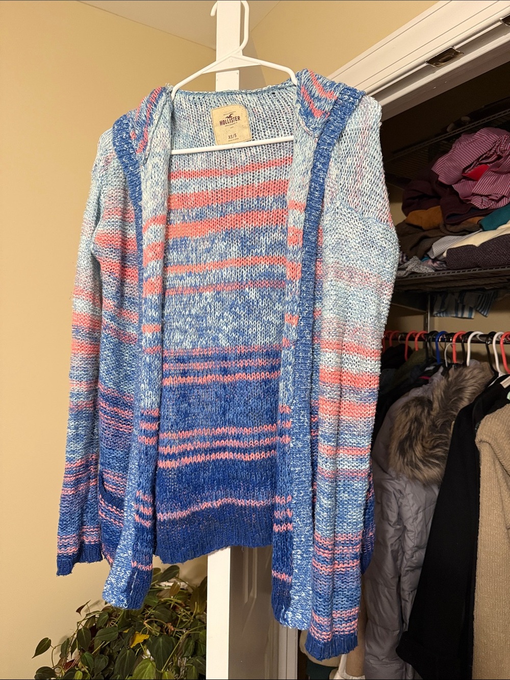 Hollister Hooded Open-Front Striped Cardigan in Blue and Pink